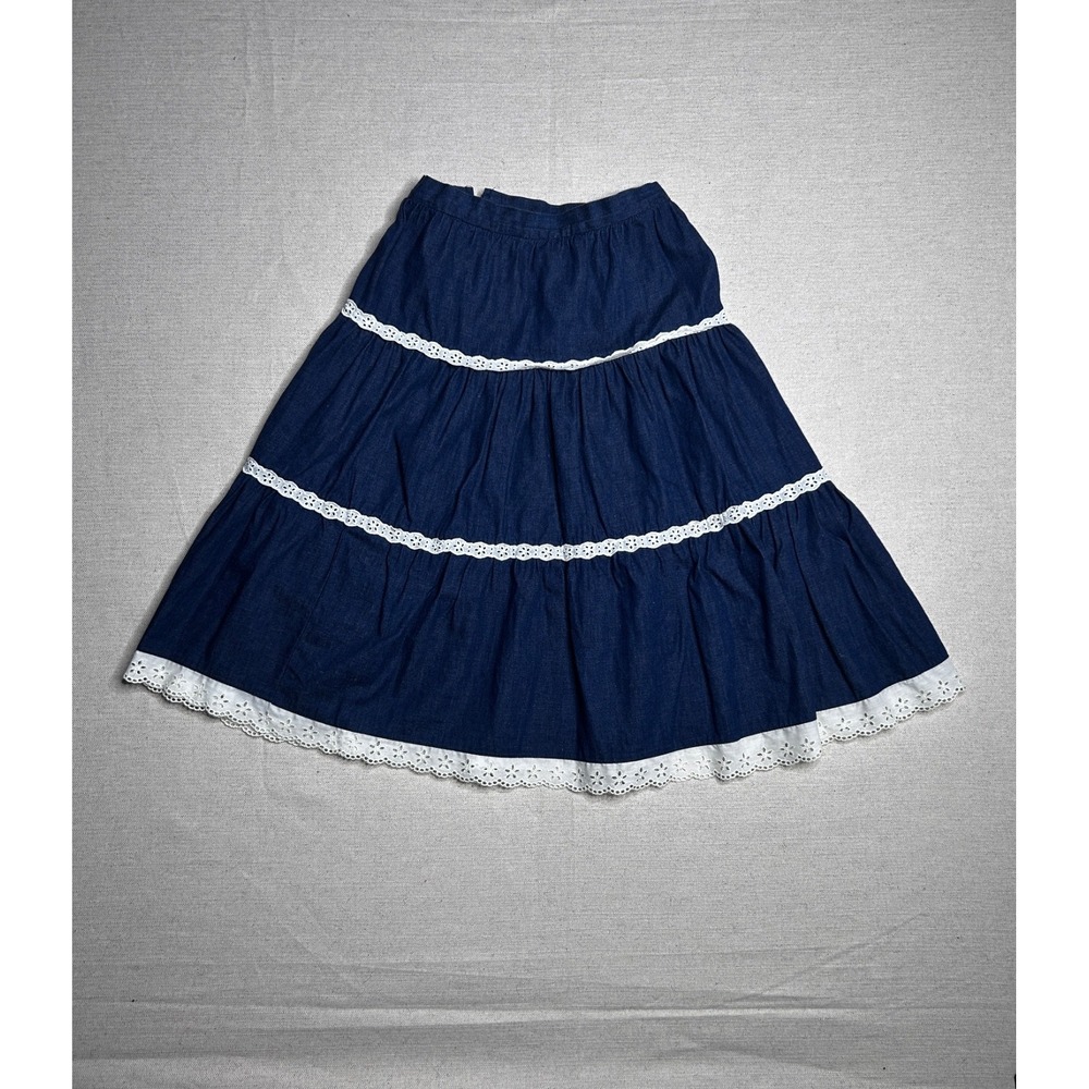 Vintage Lady California Tiered Prairie Skirt Women's Size 10 Blue Cotton Lace